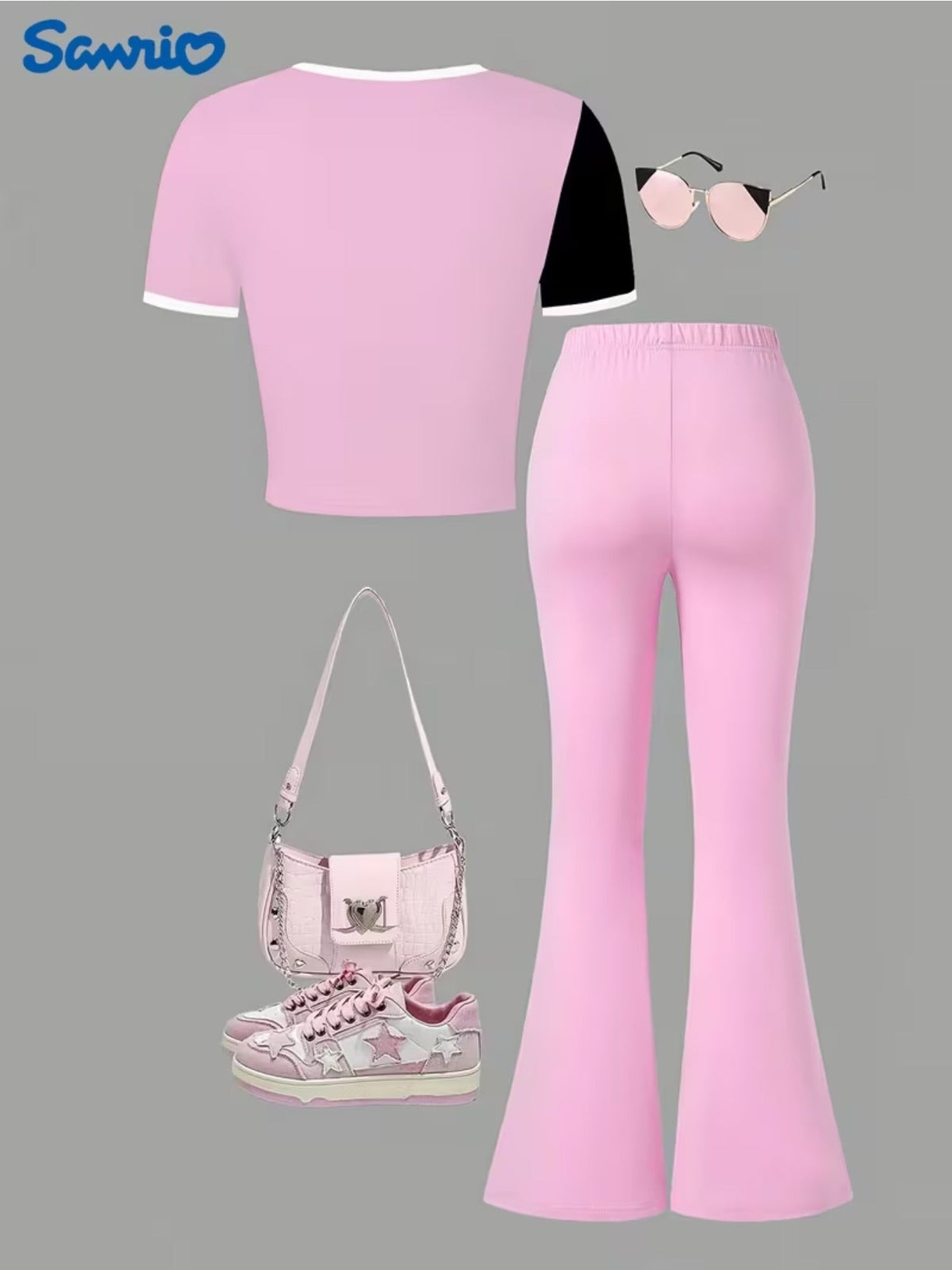 Girls' Hello Kitty T-Shirt and Flare Pants Set in Pink and Black with Short Sleeves for Everyday Outfits