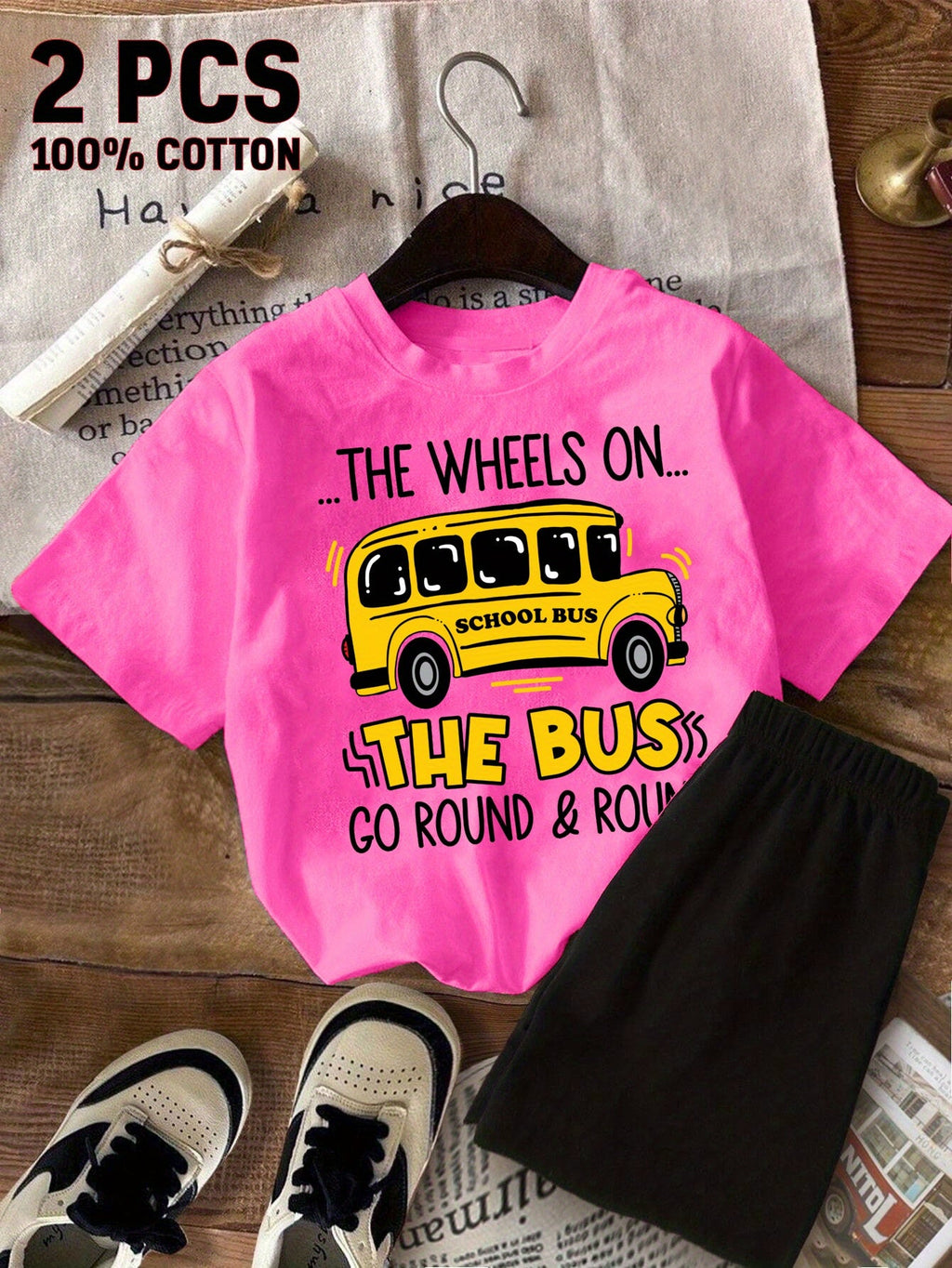 Girls School Bus Graphic T-Shirt and Black Shorts Set with a Round Neck Tee for Summer Casual Outfits