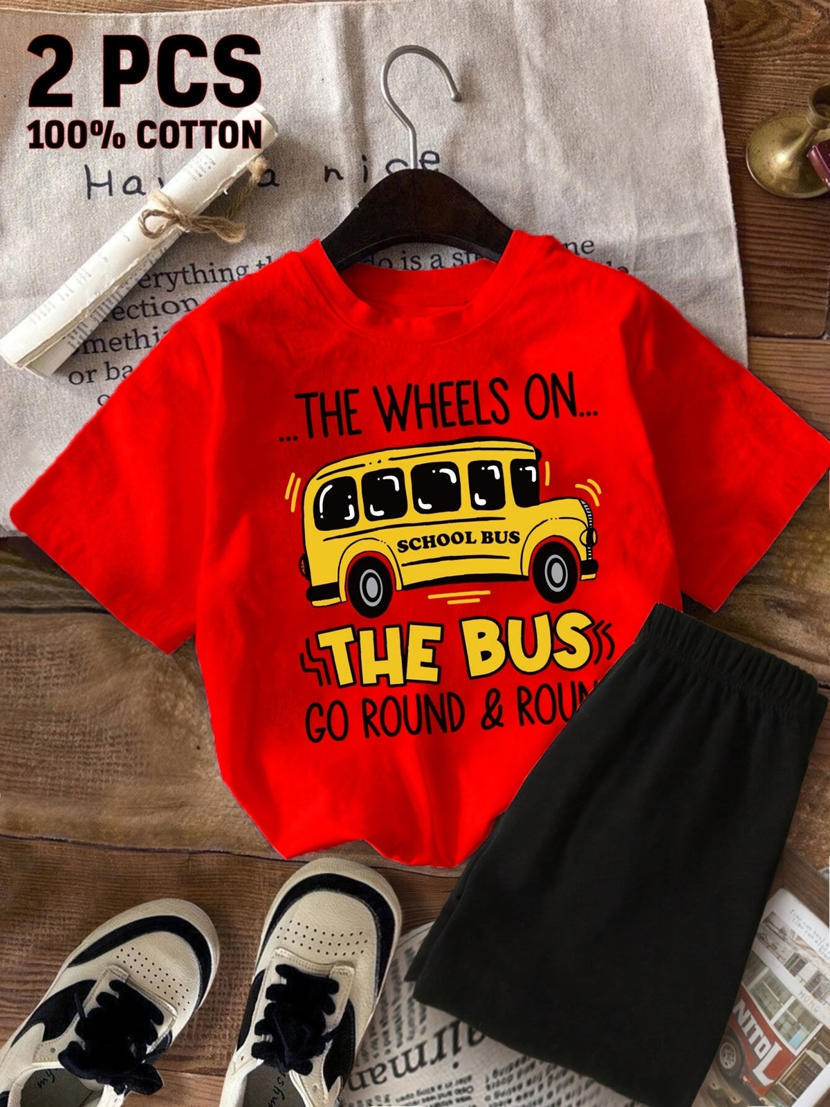 Girls School Bus Graphic T-Shirt and Black Shorts Set with a Round Neck Tee for Summer Casual Outfits