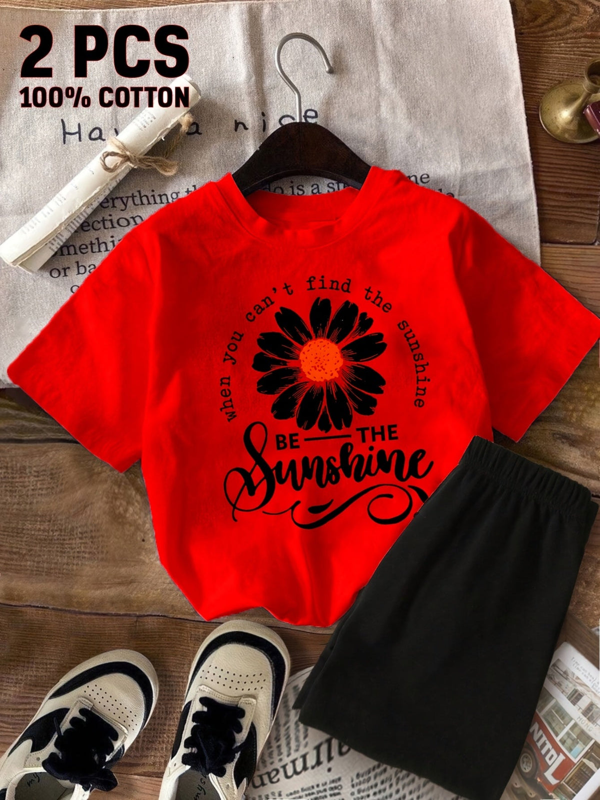Girls' Sunshine T-Shirt Shorts Set with a Daisy Graphic and Be The Sunshine Lettering for Summer Play