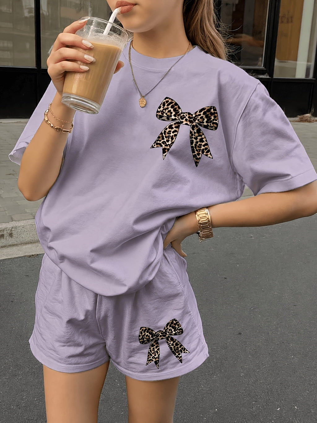 Girls' Apricot Two Piece Shorts Set with Leopard Bow Graphics and a Short Sleeve Crew Neck Top