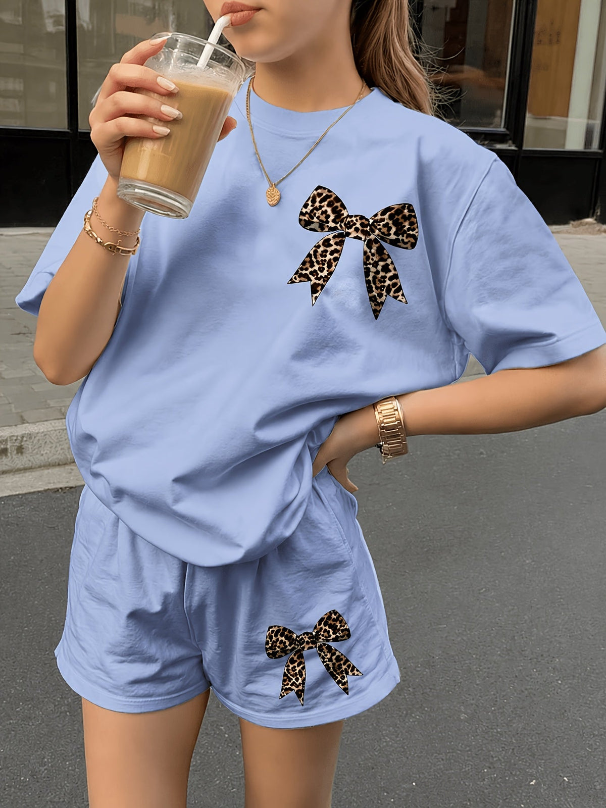 Girls' Apricot Two Piece Shorts Set with Leopard Bow Graphics and a Short Sleeve Crew Neck Top