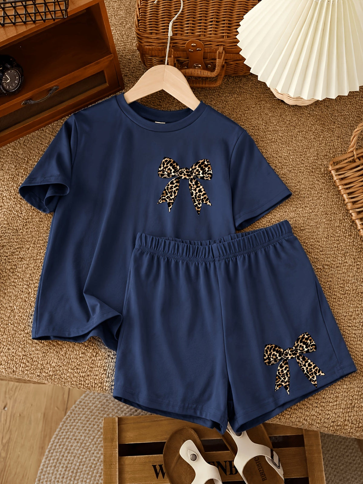 Girls' Apricot Two Piece Shorts Set with Leopard Bow Graphics and a Short Sleeve Crew Neck Top