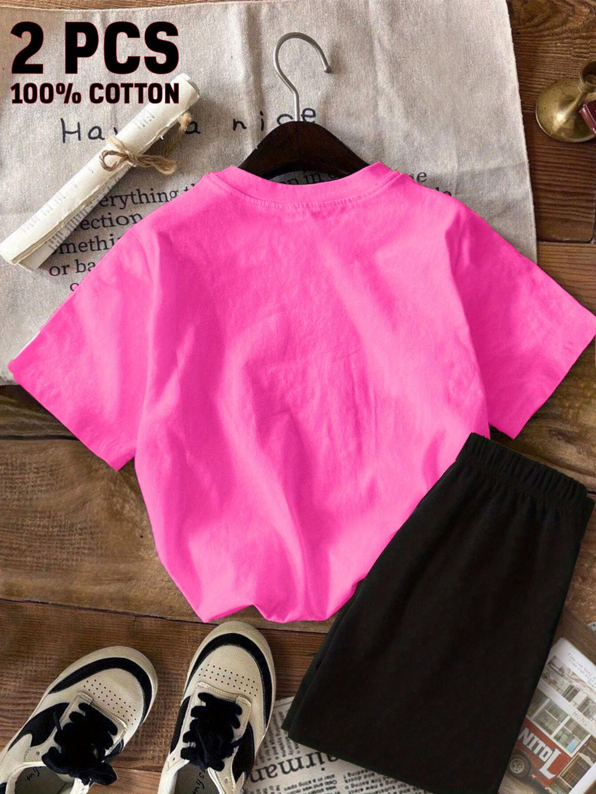 Girls' Goose Shorts Set with a Pink Graphic T-Shirt and Black Elastic Waist Bottoms for Summer Play