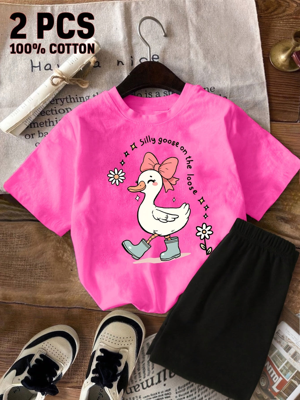 Girls' Goose Shorts Set with a Pink Graphic T-Shirt and Black Elastic Waist Bottoms for Summer Play