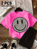 Girls' Pink Leopard Smiley T-Shirt and Black Shorts Set in Cotton with a Crew Neck Top for Summer Play