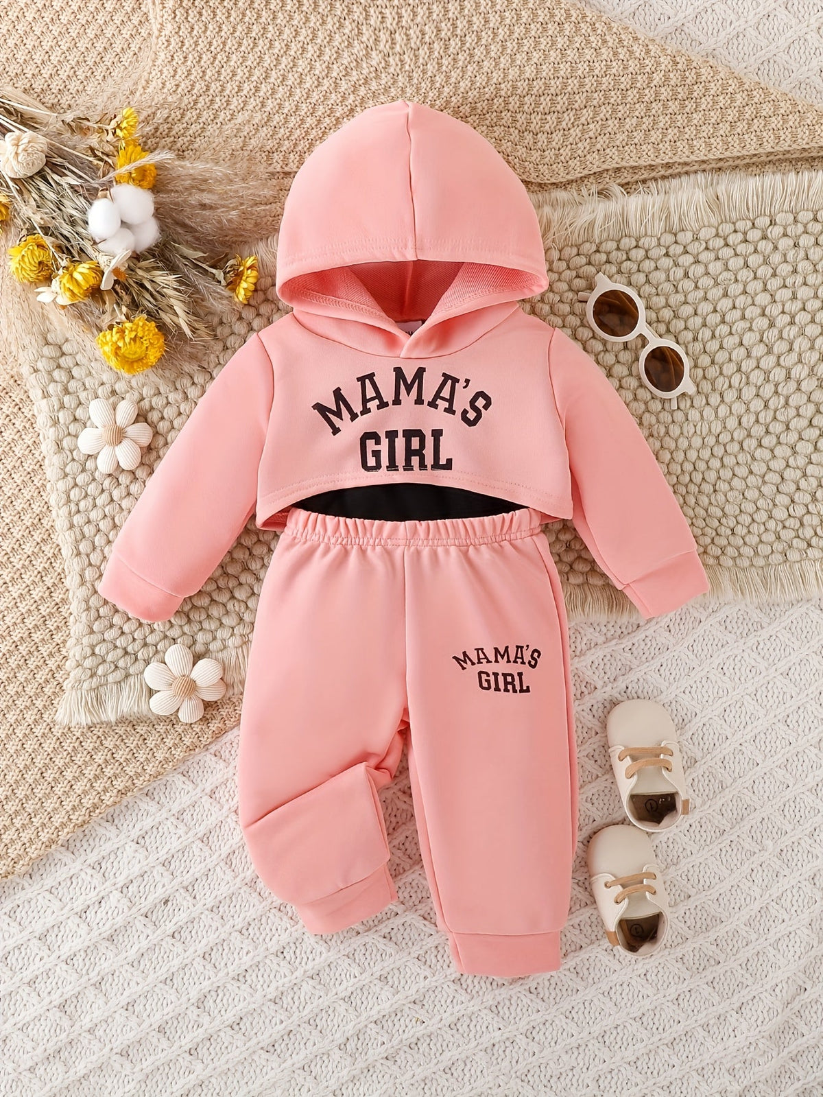 Baby Girls' Mama's Girl Hoodie Outfit Set with Black Camisole and Pink Joggers in a Three-Piece Design
