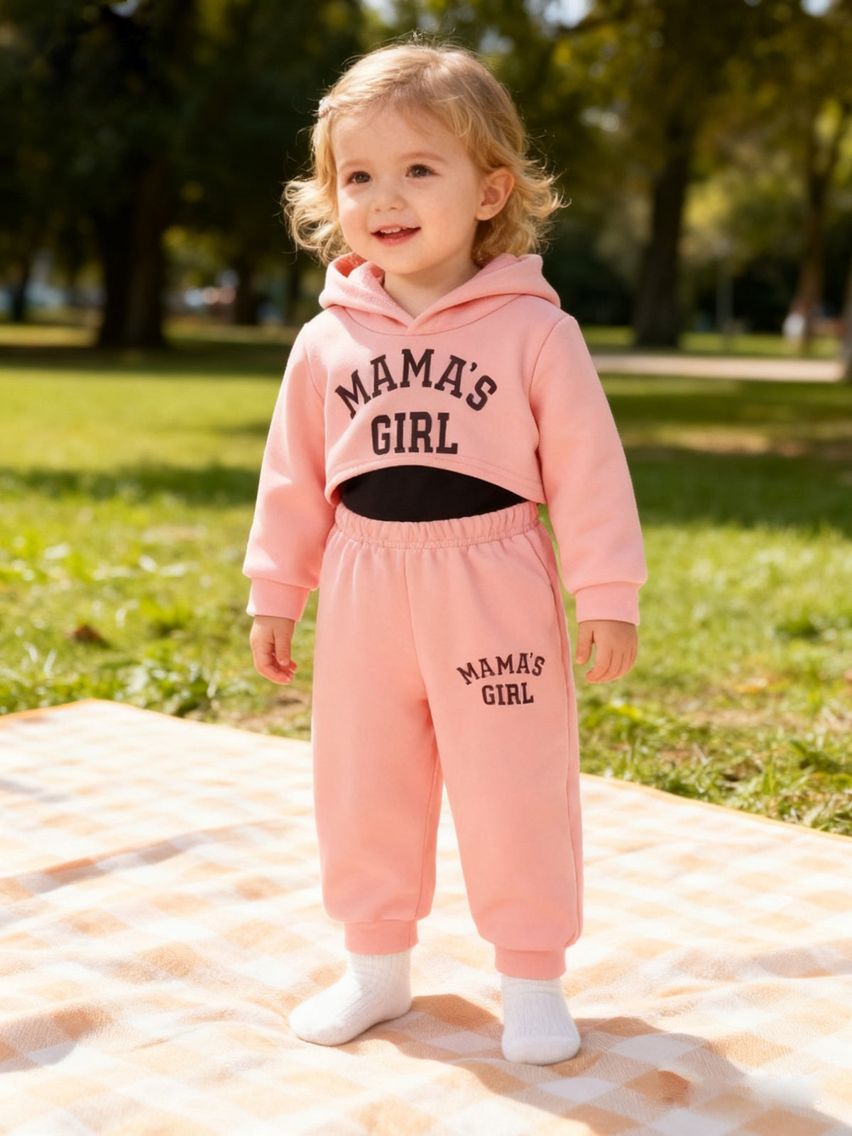 Baby Girls' Mama's Girl Hoodie Outfit Set with Black Camisole and Pink Joggers in a Three-Piece Design