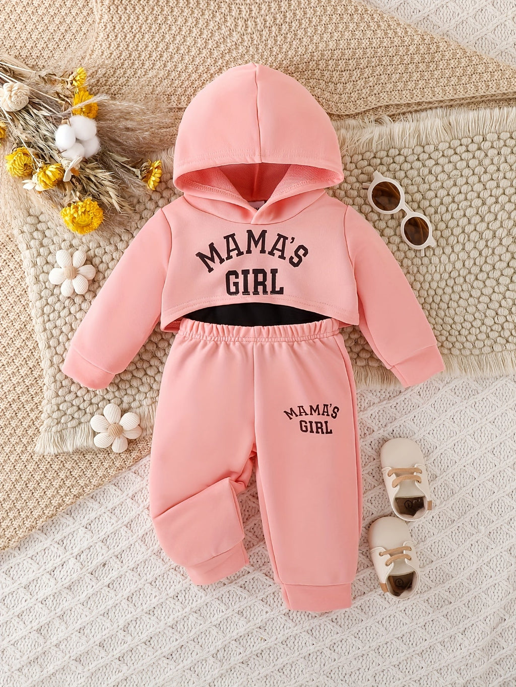Baby Girls' Mama's Girl Hoodie Outfit Set with Black Camisole and Pink Joggers in a Three-Piece Design