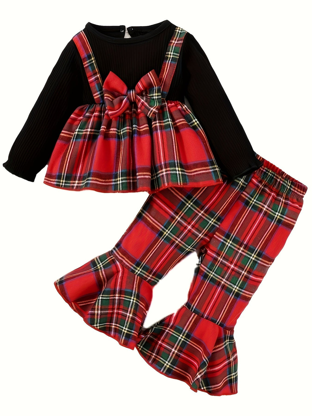 Baby Girls' Plaid Pants Set with a Bow-Front Peplum Top and Ruffled Hems for Festive Family Outfits