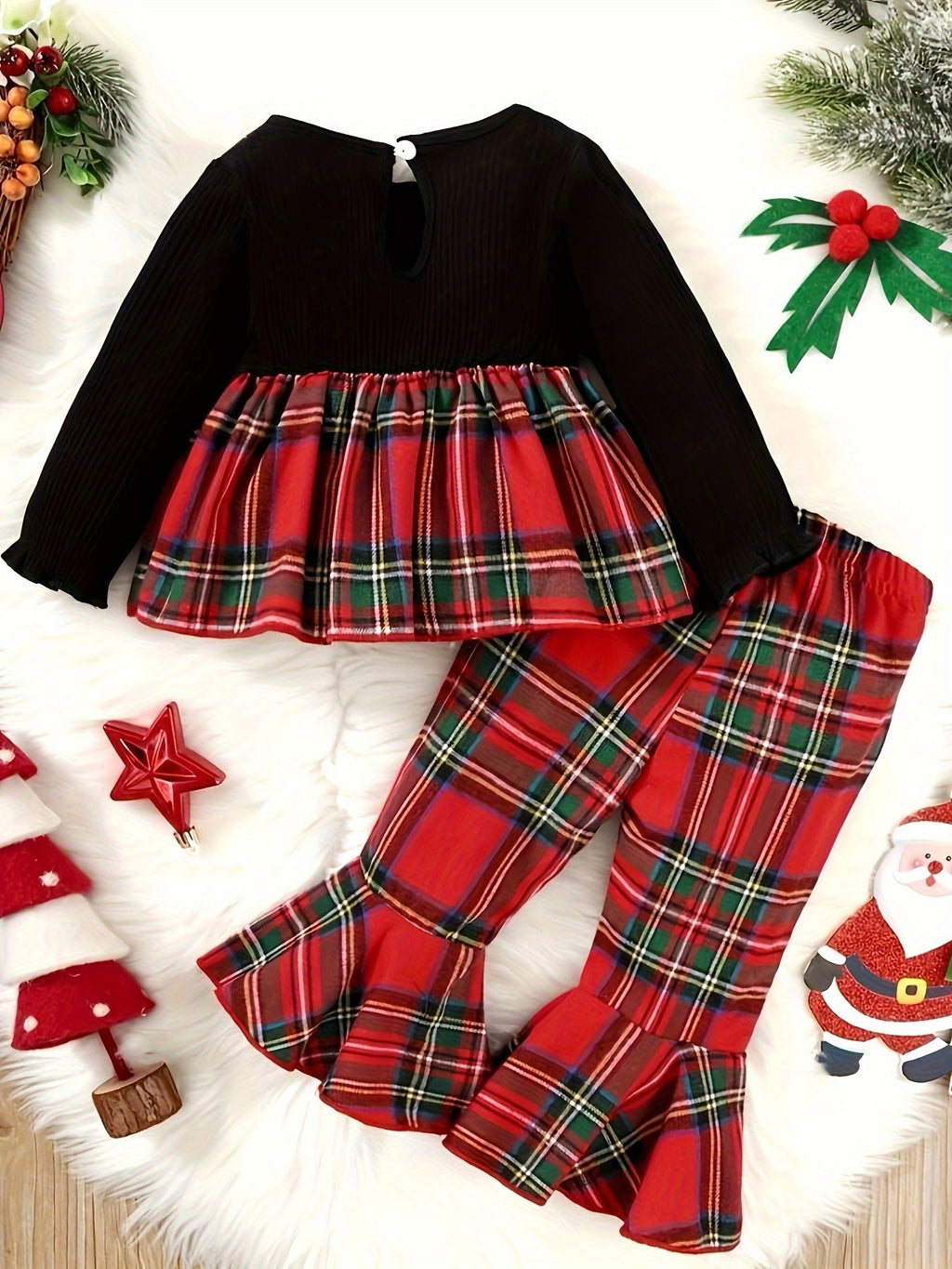 Baby Girls' Plaid Pants Set with a Bow-Front Peplum Top and Ruffled Hems for Festive Family Outfits