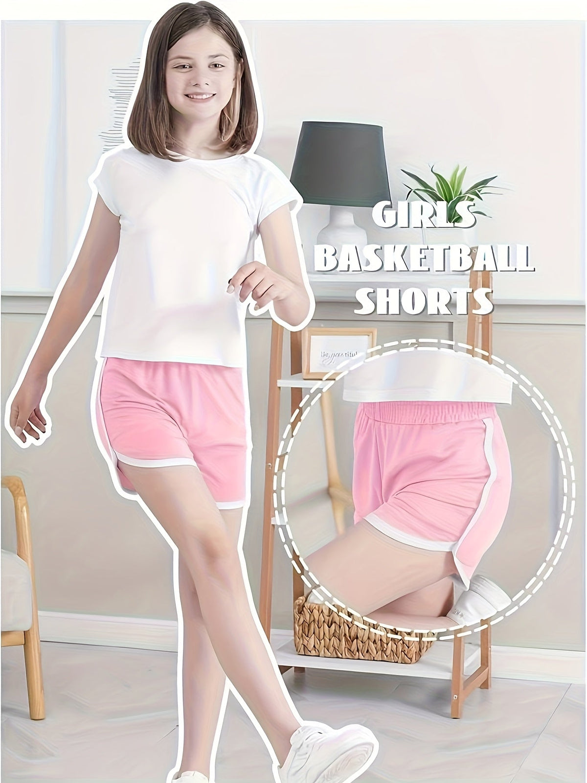 Girls' Athletic Shorts in a Random Six Piece Color Pack with White Contrast Trim and Curved Hems
