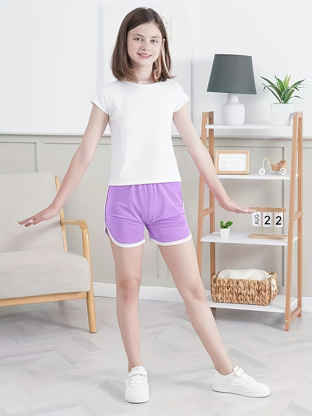 Girls' Athletic Shorts in a Random Six Piece Color Pack with White Contrast Trim and Curved Hems