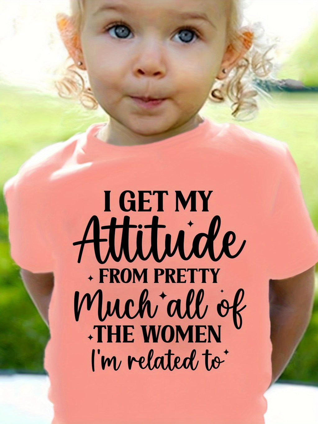 Girls' I Get My Attitude Cotton T-Shirt in Pink with Black Family Quote for Casual Short Sleeve Outfits