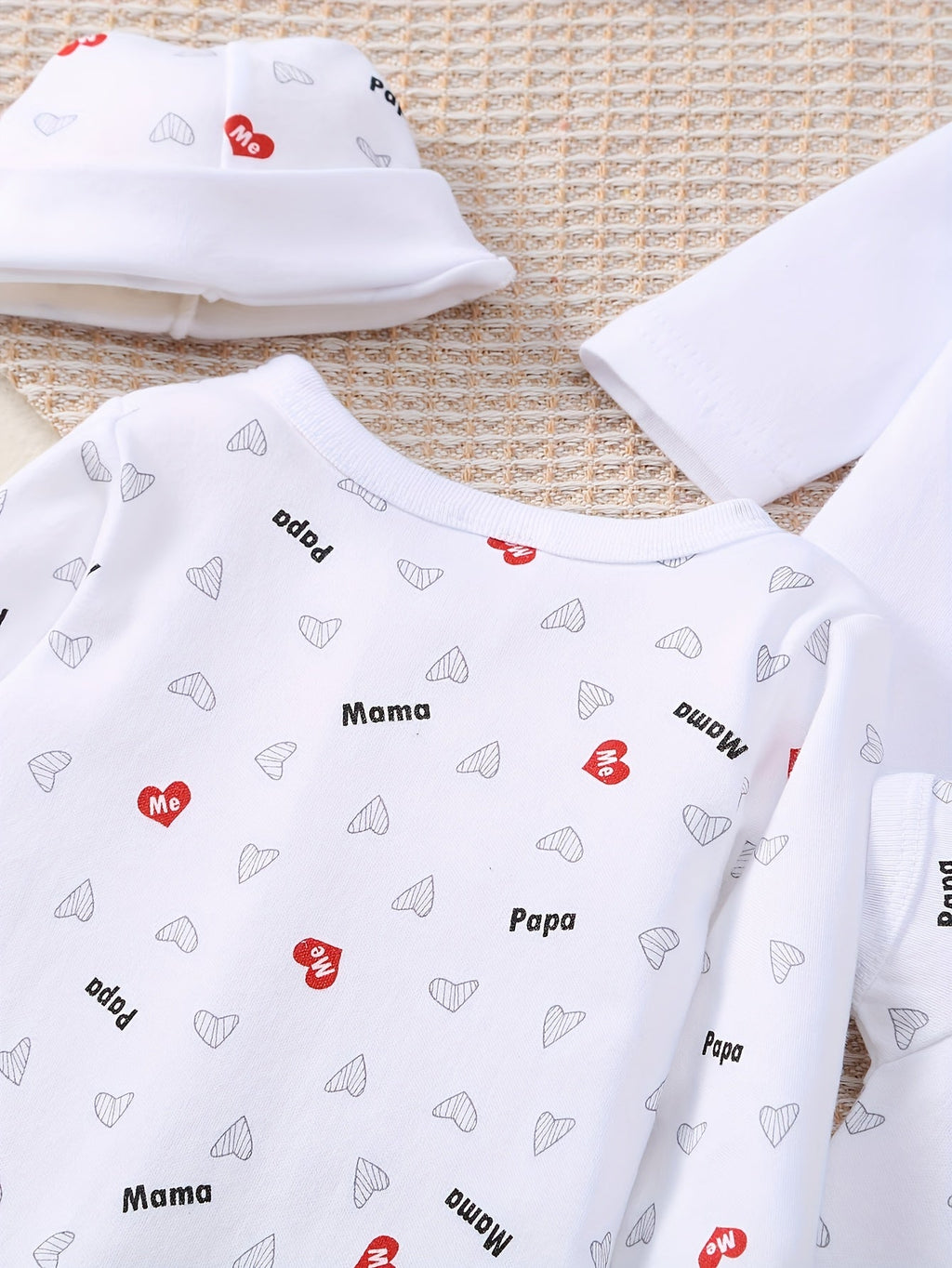 Baby Papa and Mama Heart Outfit Set in White with Coordinating Bodysuits and Footed Pieces for Daily Changes