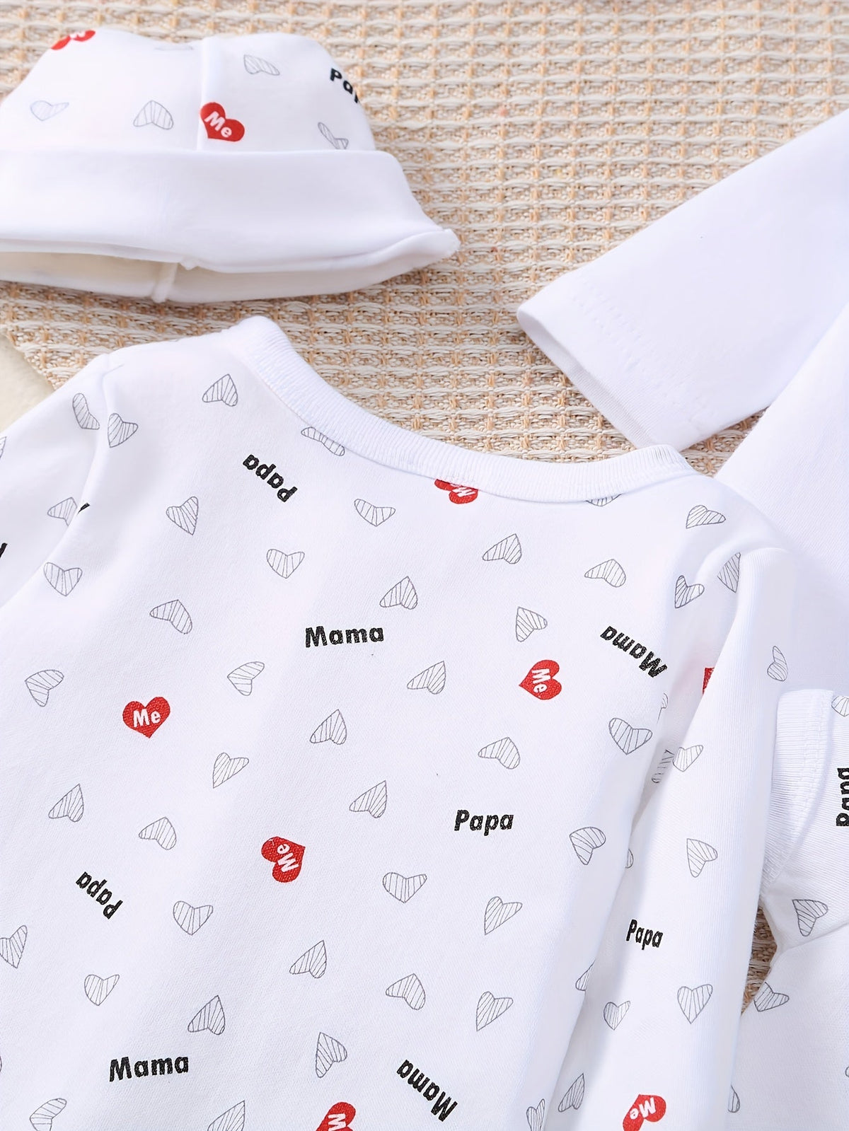 Baby Papa and Mama Heart Outfit Set in White with Coordinating Bodysuits and Footed Pieces for Daily Changes