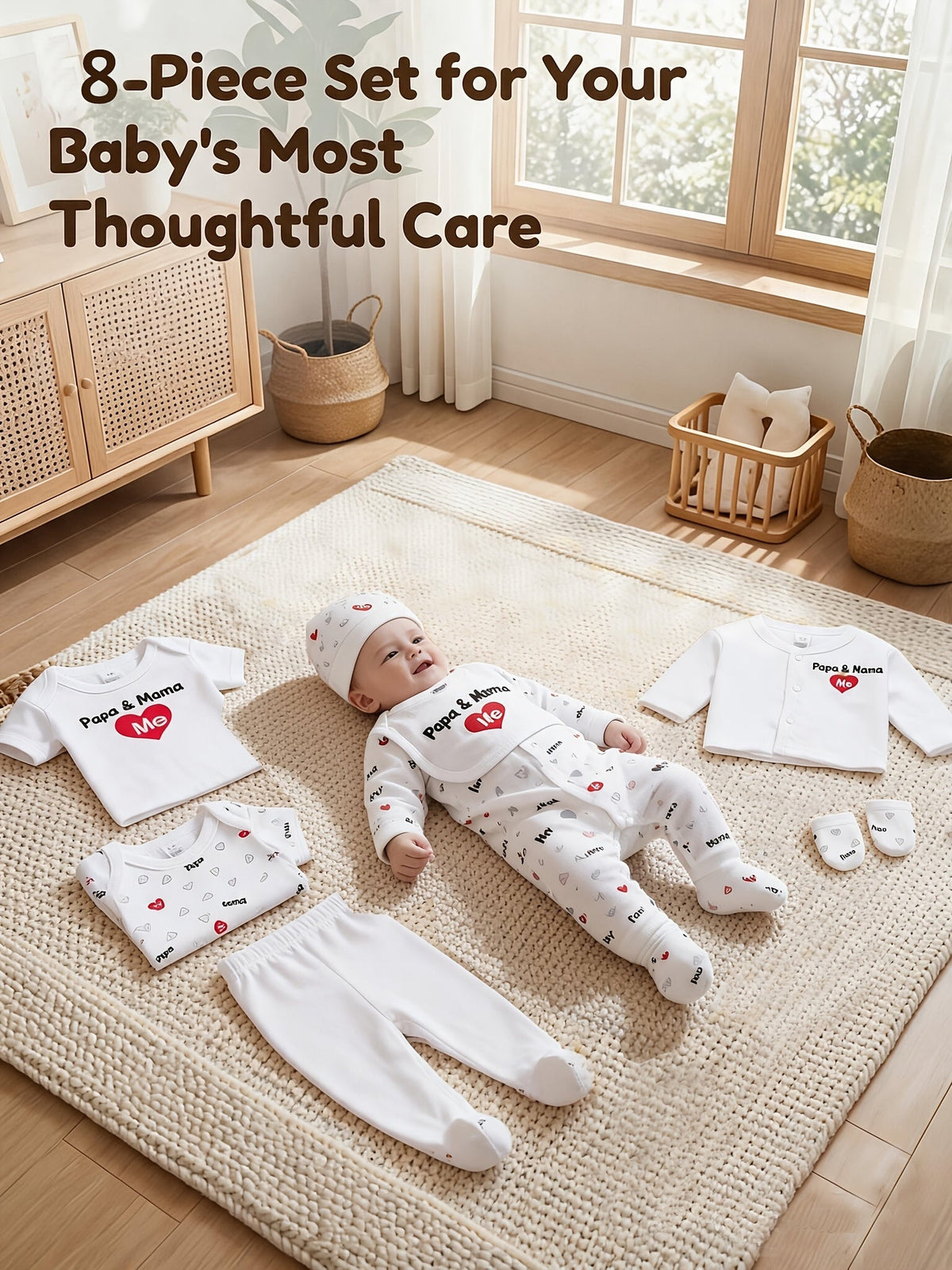 Baby Papa and Mama Heart Outfit Set in White with Coordinating Bodysuits and Footed Pieces for Daily Changes