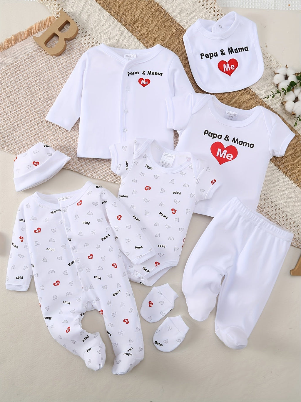 Baby Papa and Mama Heart Outfit Set in White with Coordinating Bodysuits and Footed Pieces for Daily Changes