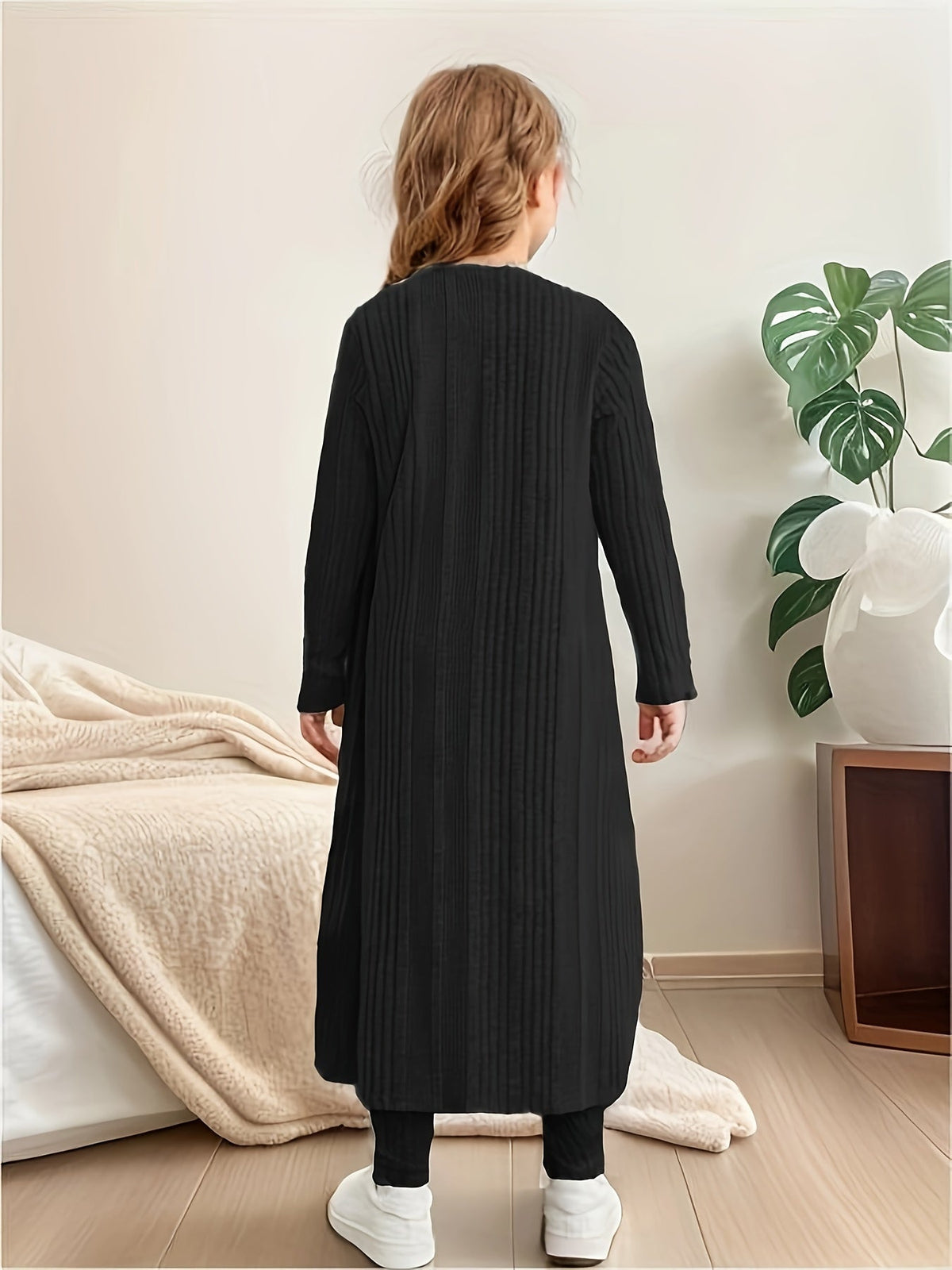 Girls' Three-Piece Knit Outfit with a Long Cardigan and Matching Top and Leggings for Casual Layering