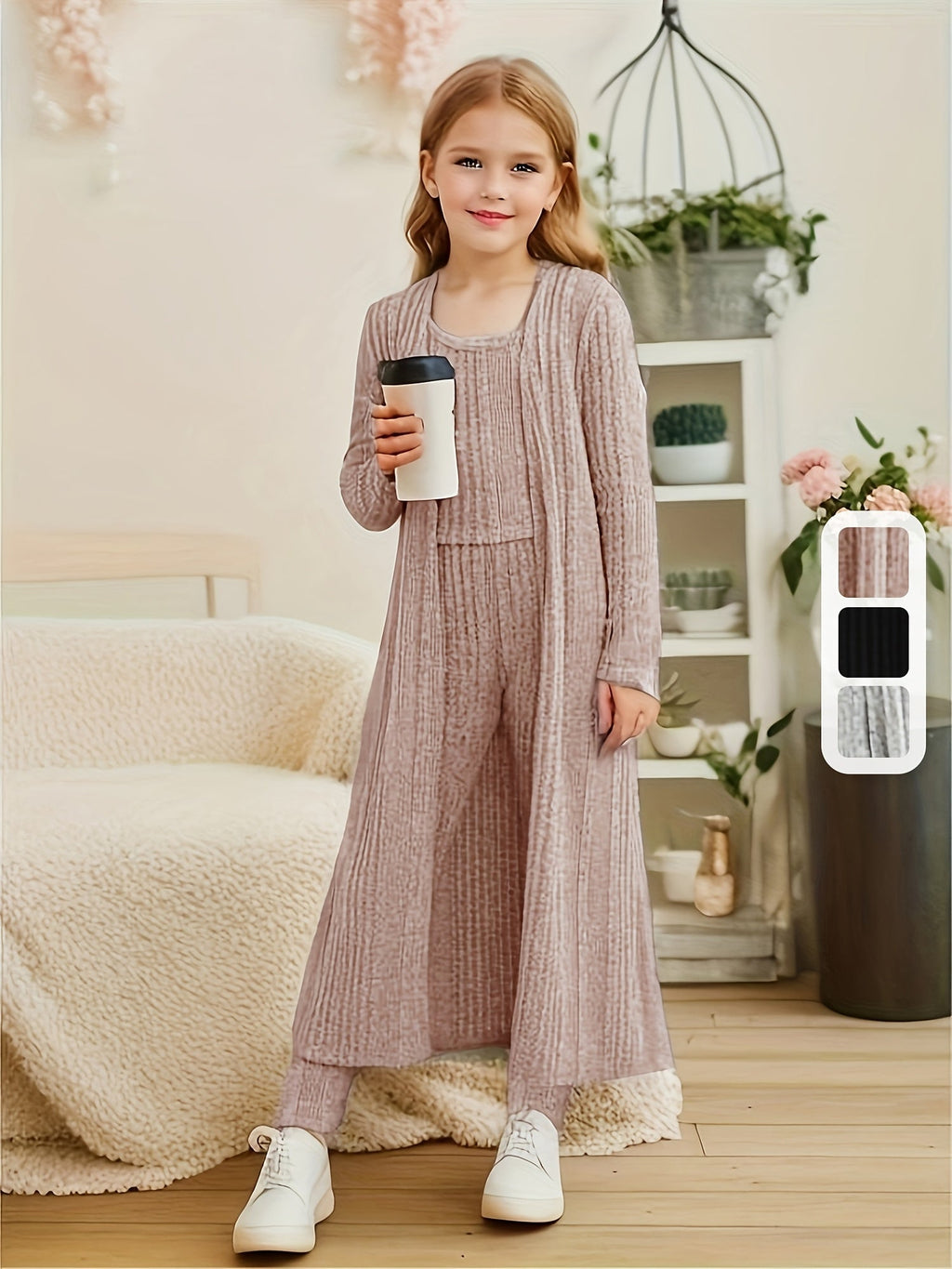 Girls' Three-Piece Knit Outfit with a Long Cardigan and Matching Top and Leggings for Casual Layering