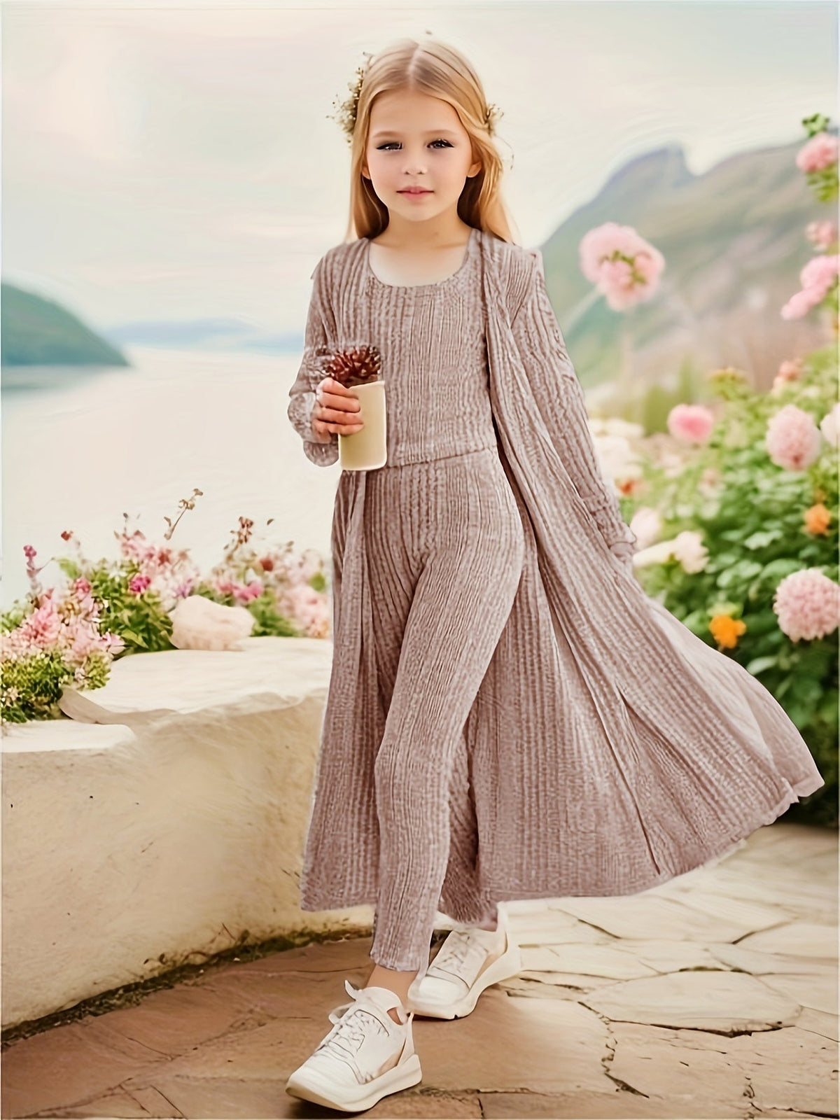 Girls' Three-Piece Knit Outfit with a Long Cardigan and Matching Top and Leggings for Casual Layering