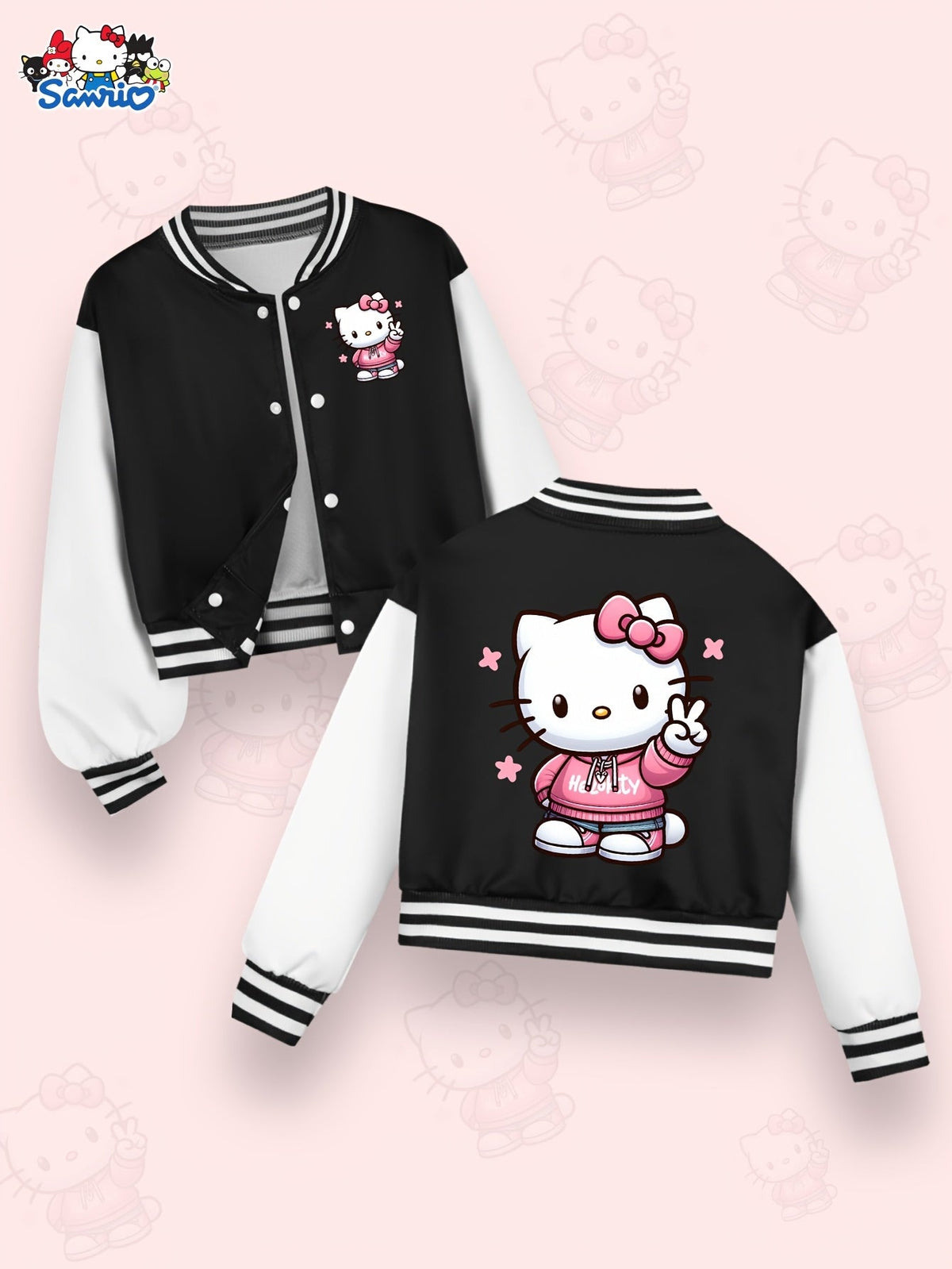 Girls' Hello Kitty Varsity Jacket with Two-Sided Character Graphics and White Contrast Sleeves