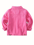 Girls' Rose Red Denim Jacket with a Button Front and Chest Pockets for Everyday School Outfit Layers