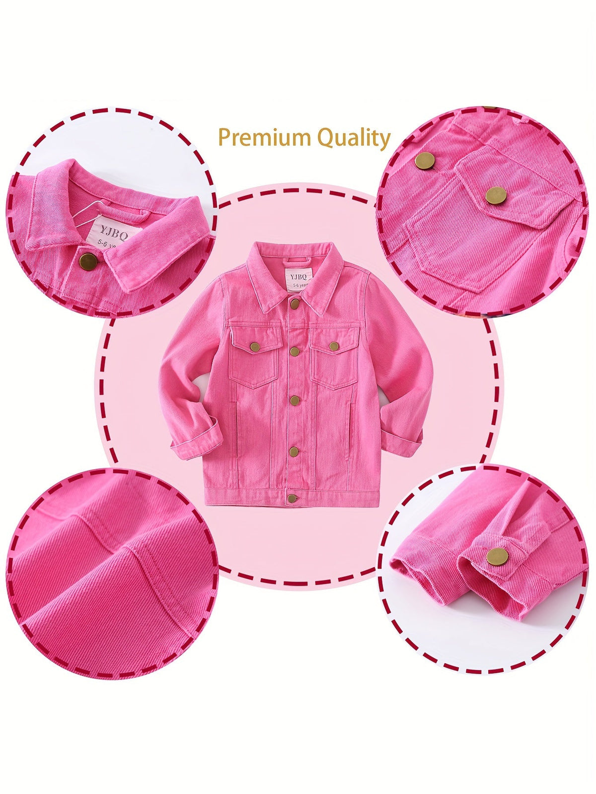 Girls' Rose Red Denim Jacket with a Button Front and Chest Pockets for Everyday School Outfit Layers