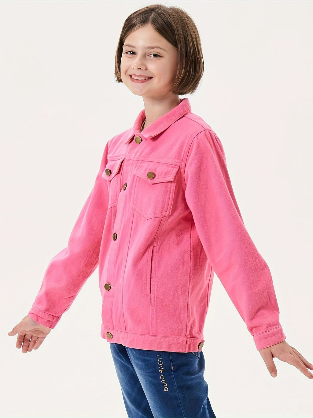 Girls' Rose Red Denim Jacket with a Button Front and Chest Pockets for Everyday School Outfit Layers