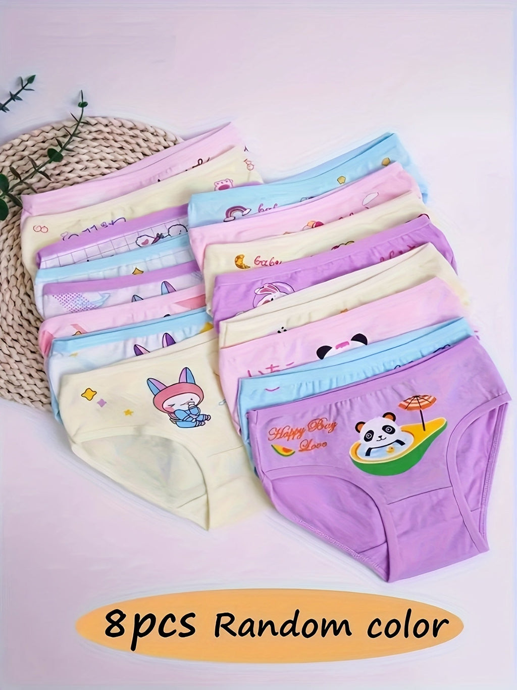 Girls' Cartoon Briefs 8-Pack in Random Pastel Colors with Elastic Waists for Everyday Underwear Changes