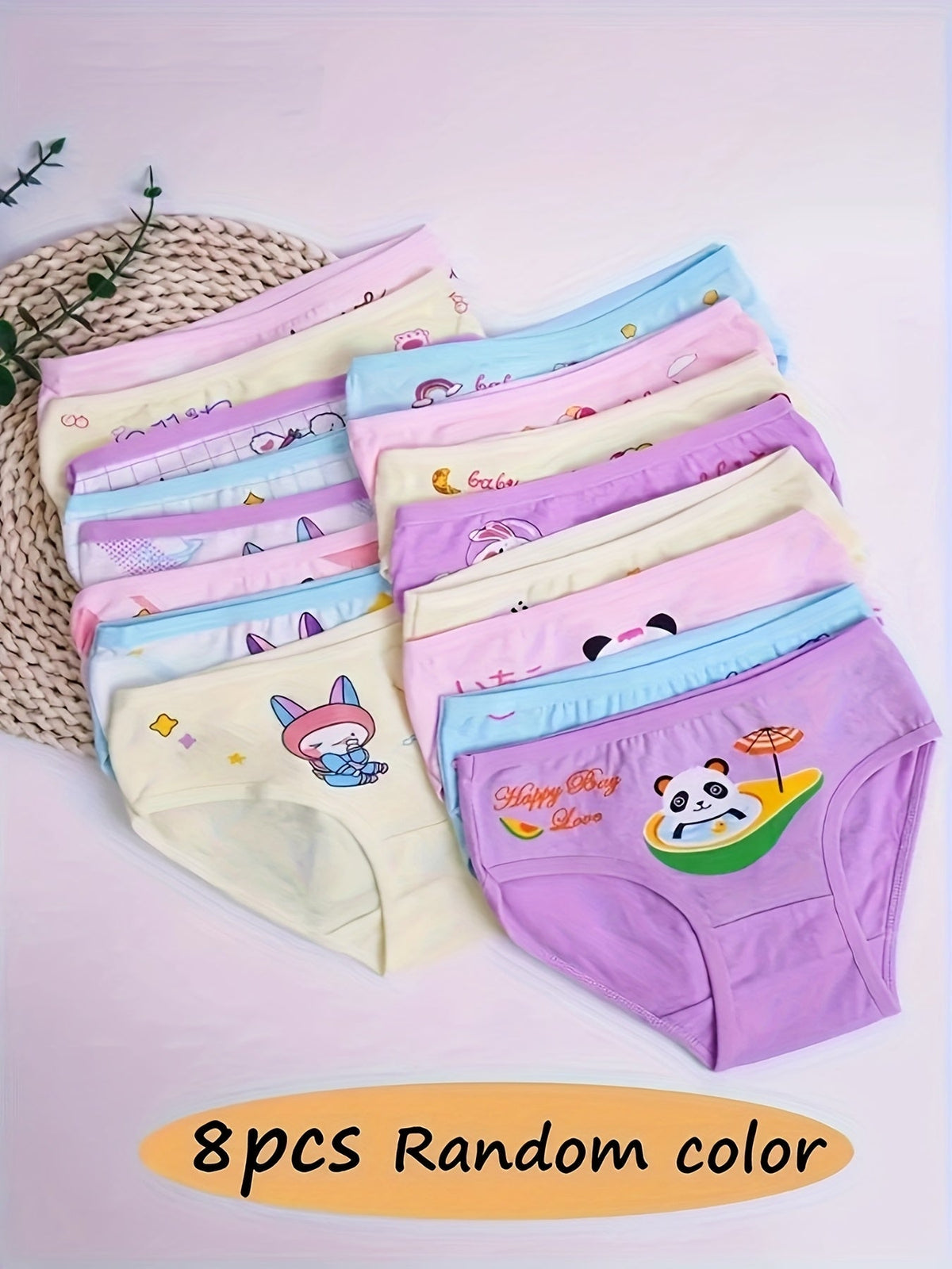 Girls' Cartoon Briefs 8-Pack in Random Pastel Colors with Elastic Waists for Everyday Underwear Changes