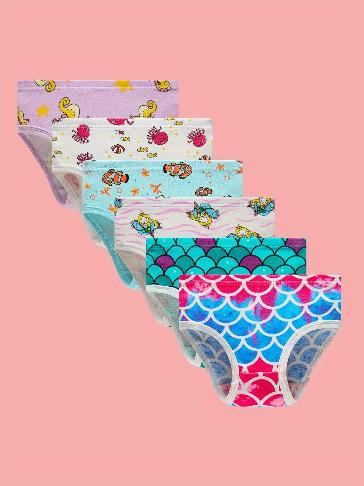 Girls' Ocean Print Briefs Six Pack with Mermaid Scales and Sea Animals for Colorful Everyday Underwear