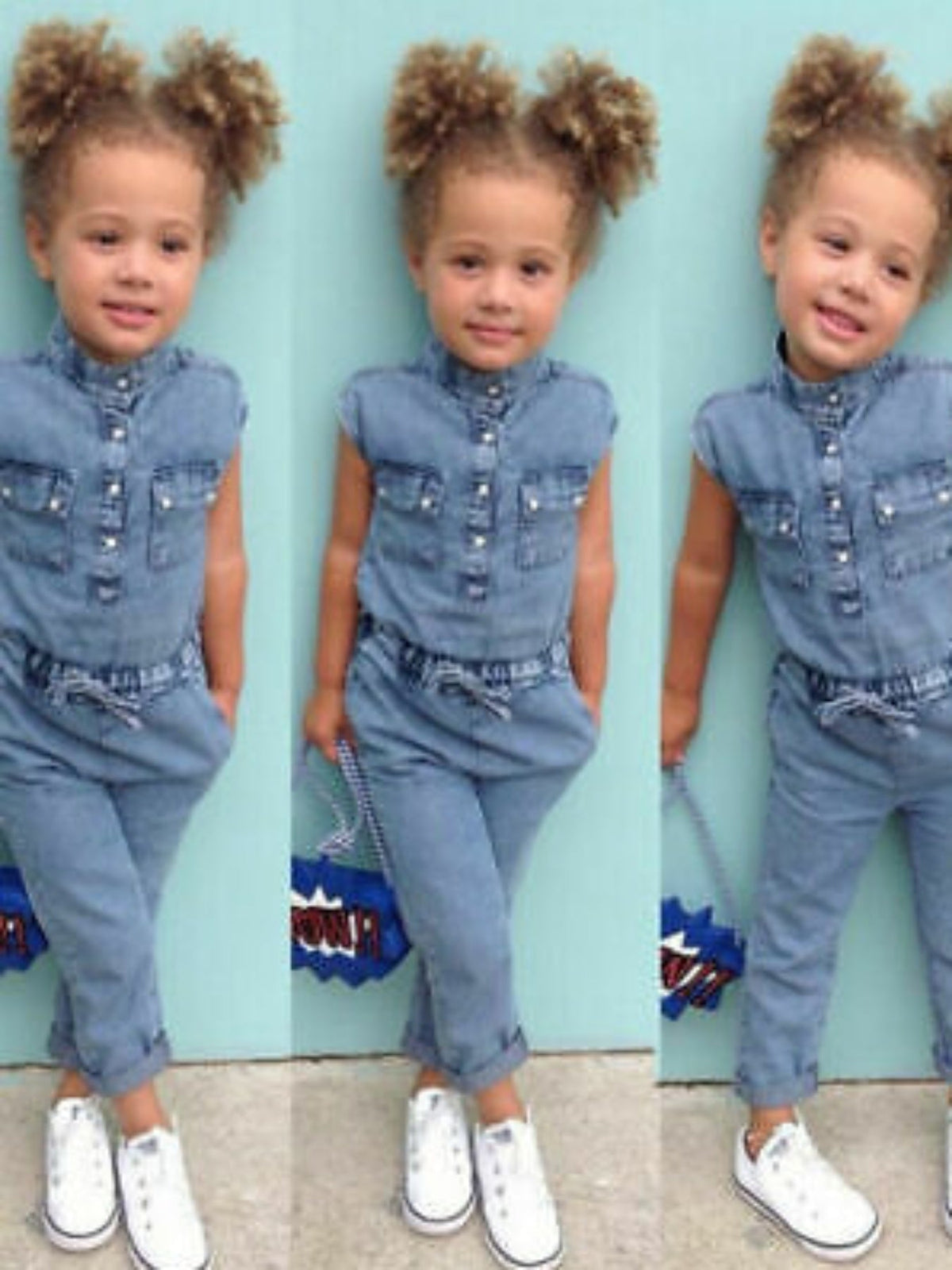 Girls' Blue Denim Jumpsuit with Chest Pockets and a Tie Waist for Collared Sleeveless Everyday Outfits