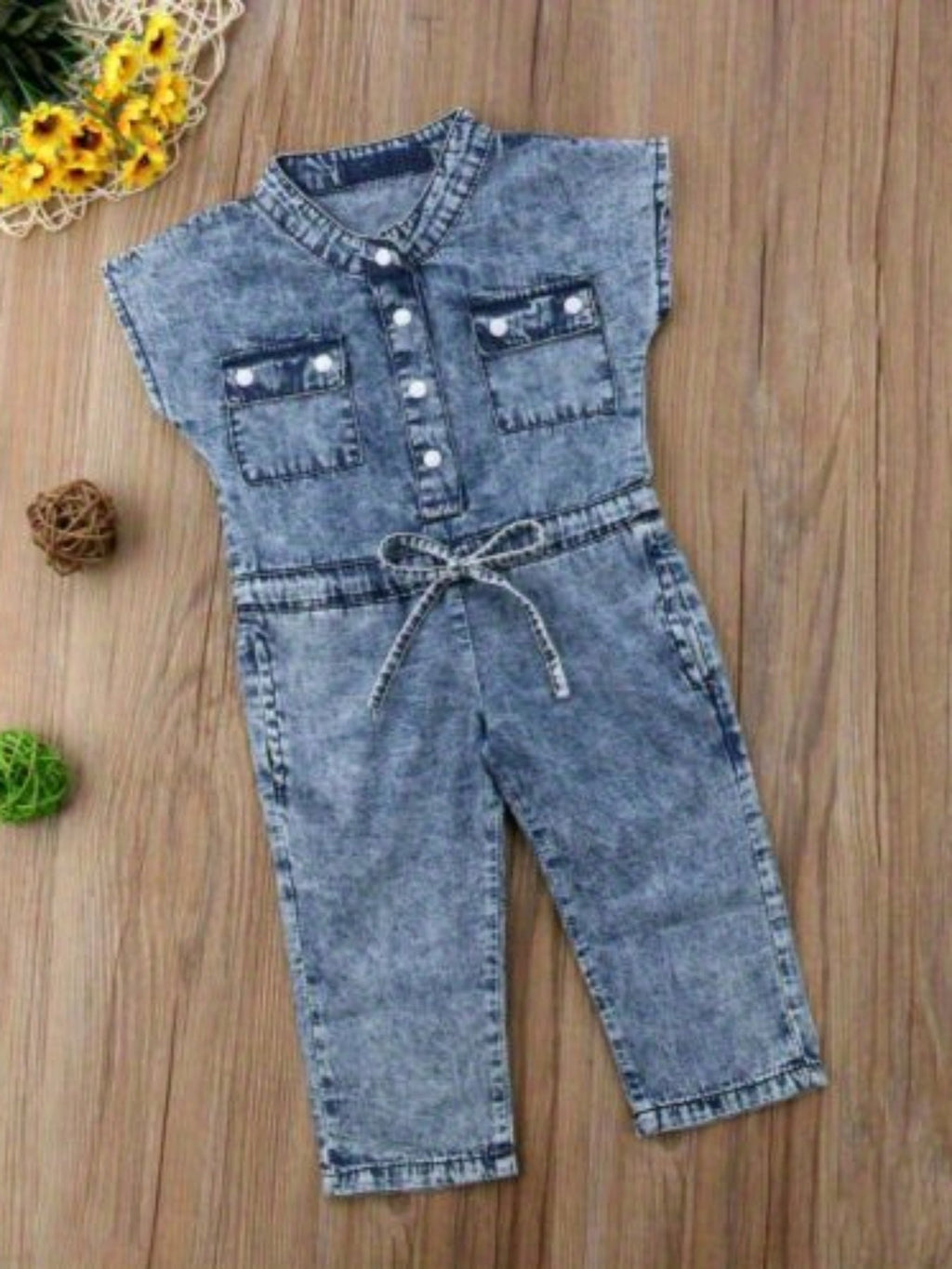 Girls' Blue Denim Jumpsuit with Chest Pockets and a Tie Waist for Collared Sleeveless Everyday Outfits