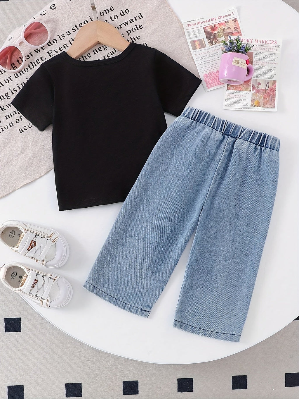 Baby Girls' Bow Outfit Set with a Black Short Sleeve T-Shirt and Blue Denim-Look Pants for Summer