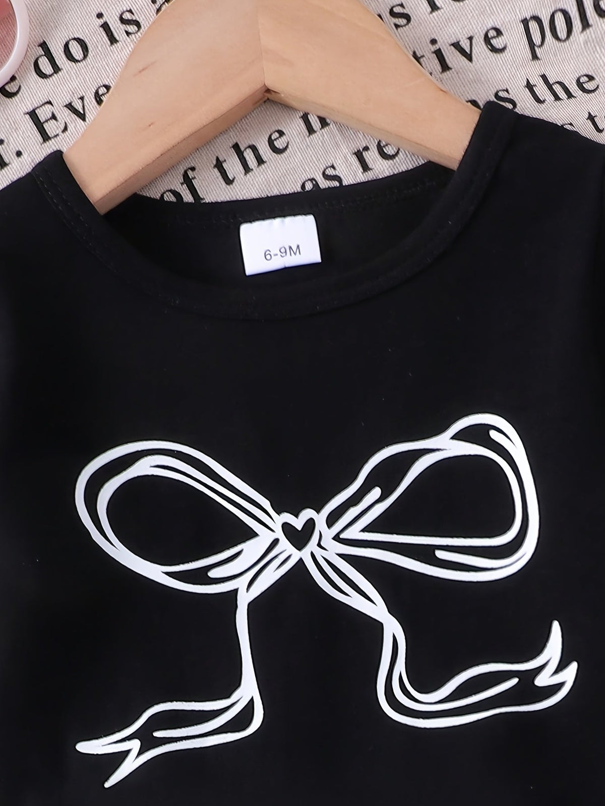 Baby Girls' Bow Outfit Set with a Black Short Sleeve T-Shirt and Blue Denim-Look Pants for Summer
