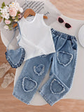 Girls White Tank Top and Heart Patch Denim Pants Outfit with a Matching Heart Bag for Casual Days