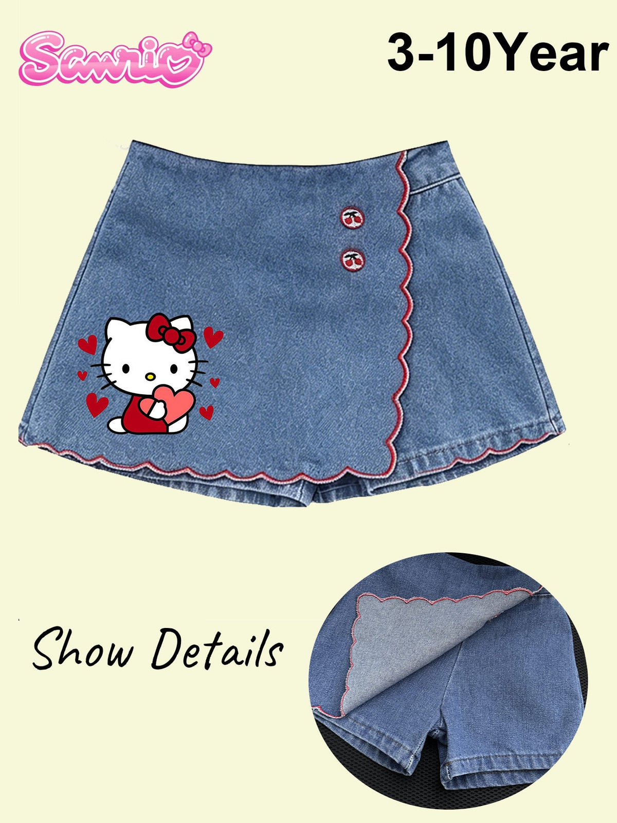 Girls' Hello Kitty Skort Set with a Red Collar Sleeveless Top and Blue Denim Bottom for Summer Days