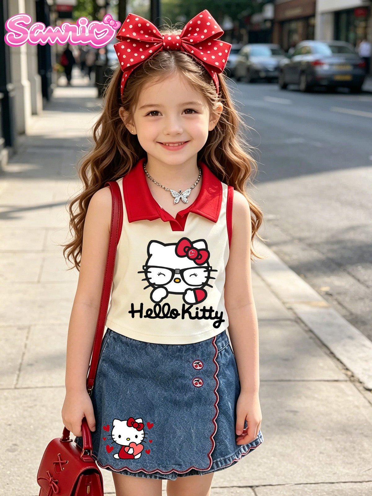Girls' Hello Kitty Skort Set with a Red Collar Sleeveless Top and Blue Denim Bottom for Summer Days
