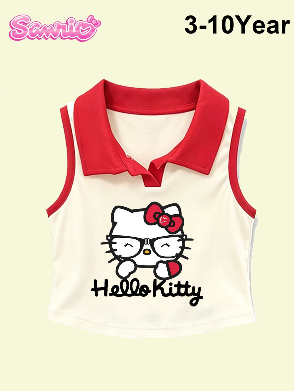 Girls' Hello Kitty Skort Set with a Red Collar Sleeveless Top and Blue Denim Bottom for Summer Days