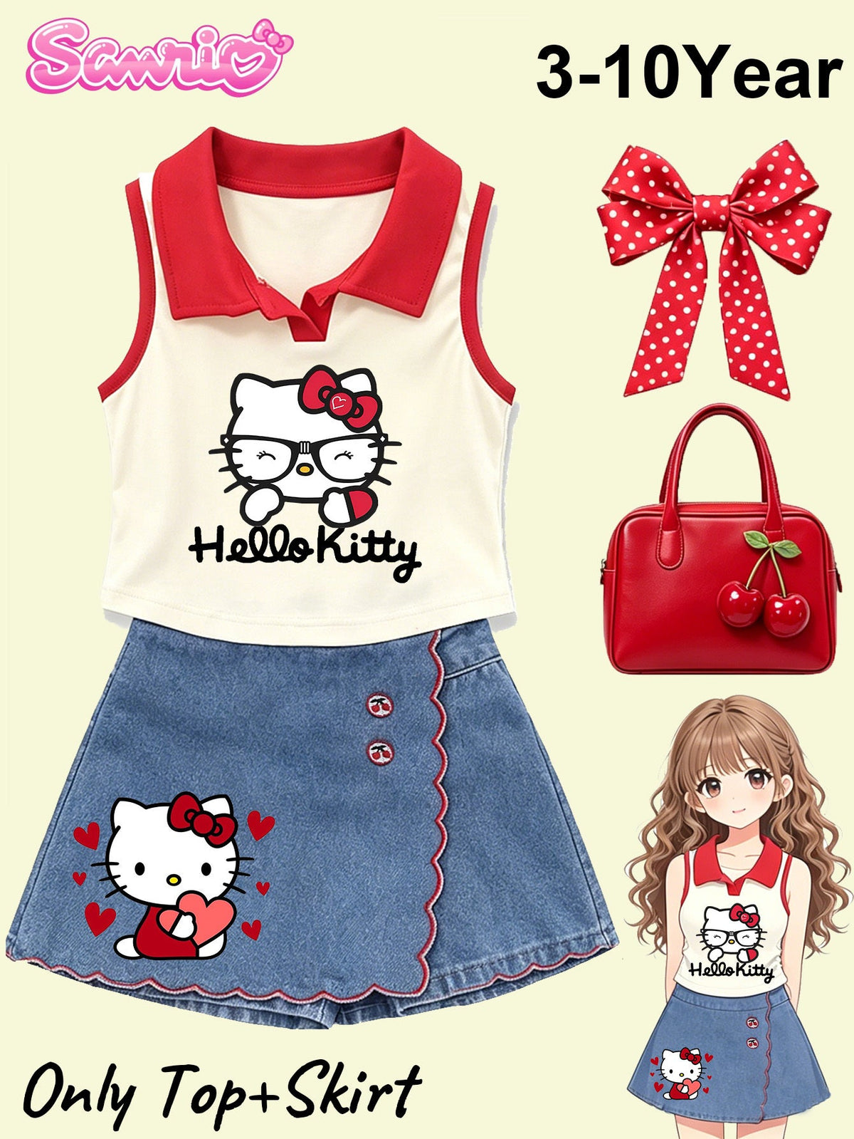 Girls' Hello Kitty Skort Set with a Red Collar Sleeveless Top and Blue Denim Bottom for Summer Days