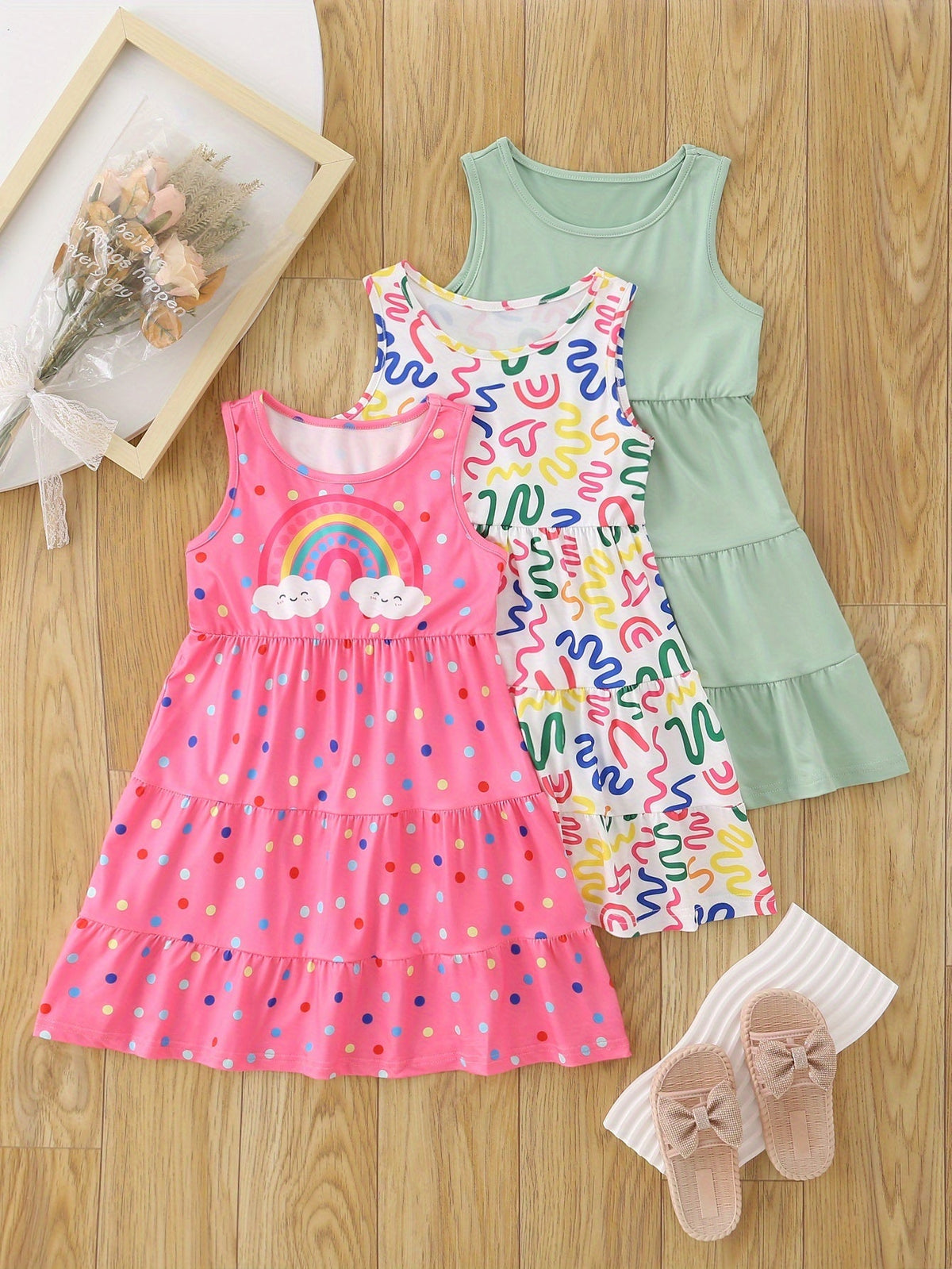 Girls' Sleeveless Dresses Three-Pack with Rainbow Prints and Tiered Skirts for Summer Casual Outfits