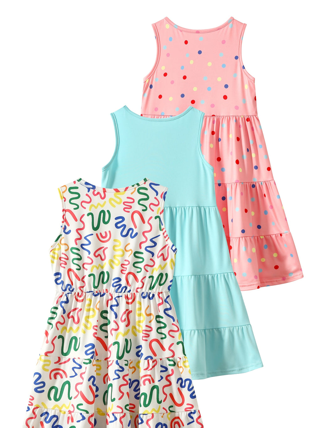 Girls' Sleeveless Dresses Three-Pack with Rainbow Prints and Tiered Skirts for Summer Casual Outfits