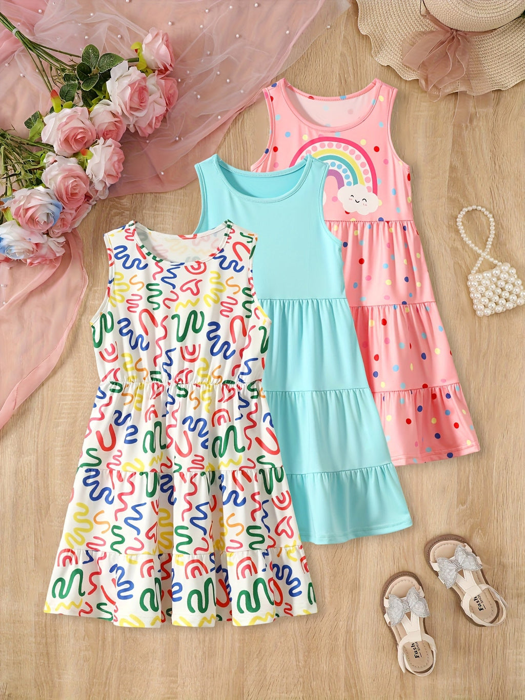 Girls' Sleeveless Dresses Three-Pack with Rainbow Prints and Tiered Skirts for Summer Casual Outfits