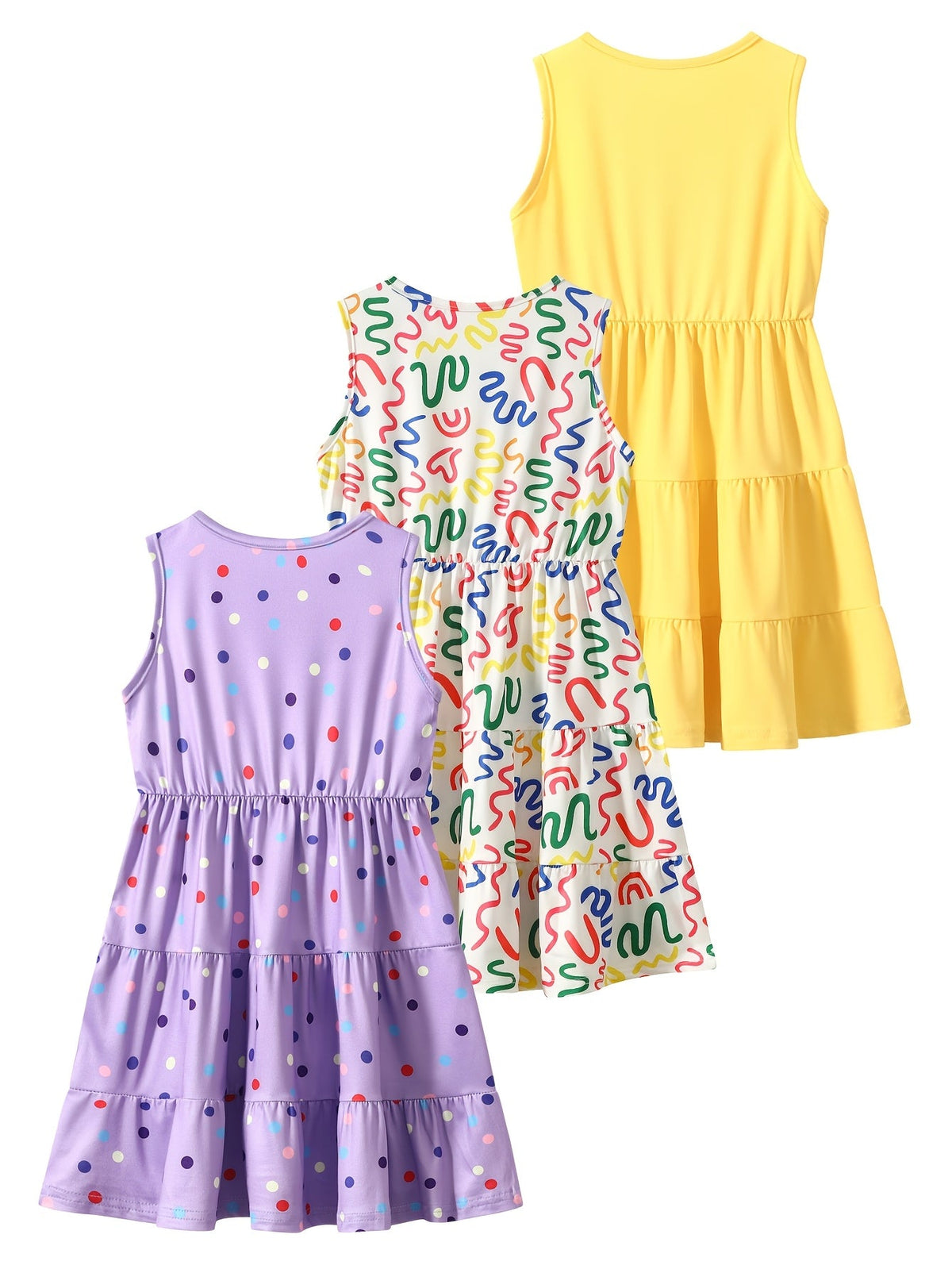 Girls' Sleeveless Dresses Three-Pack with Rainbow Prints and Tiered Skirts for Summer Casual Outfits