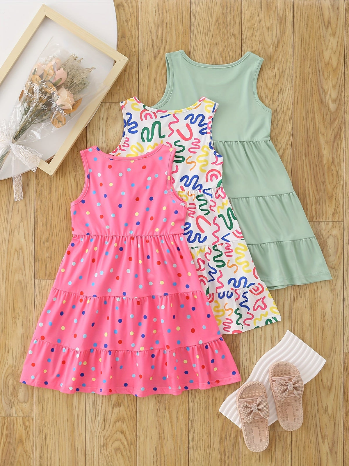 Girls' Sleeveless Dresses Three-Pack with Rainbow Prints and Tiered Skirts for Summer Casual Outfits