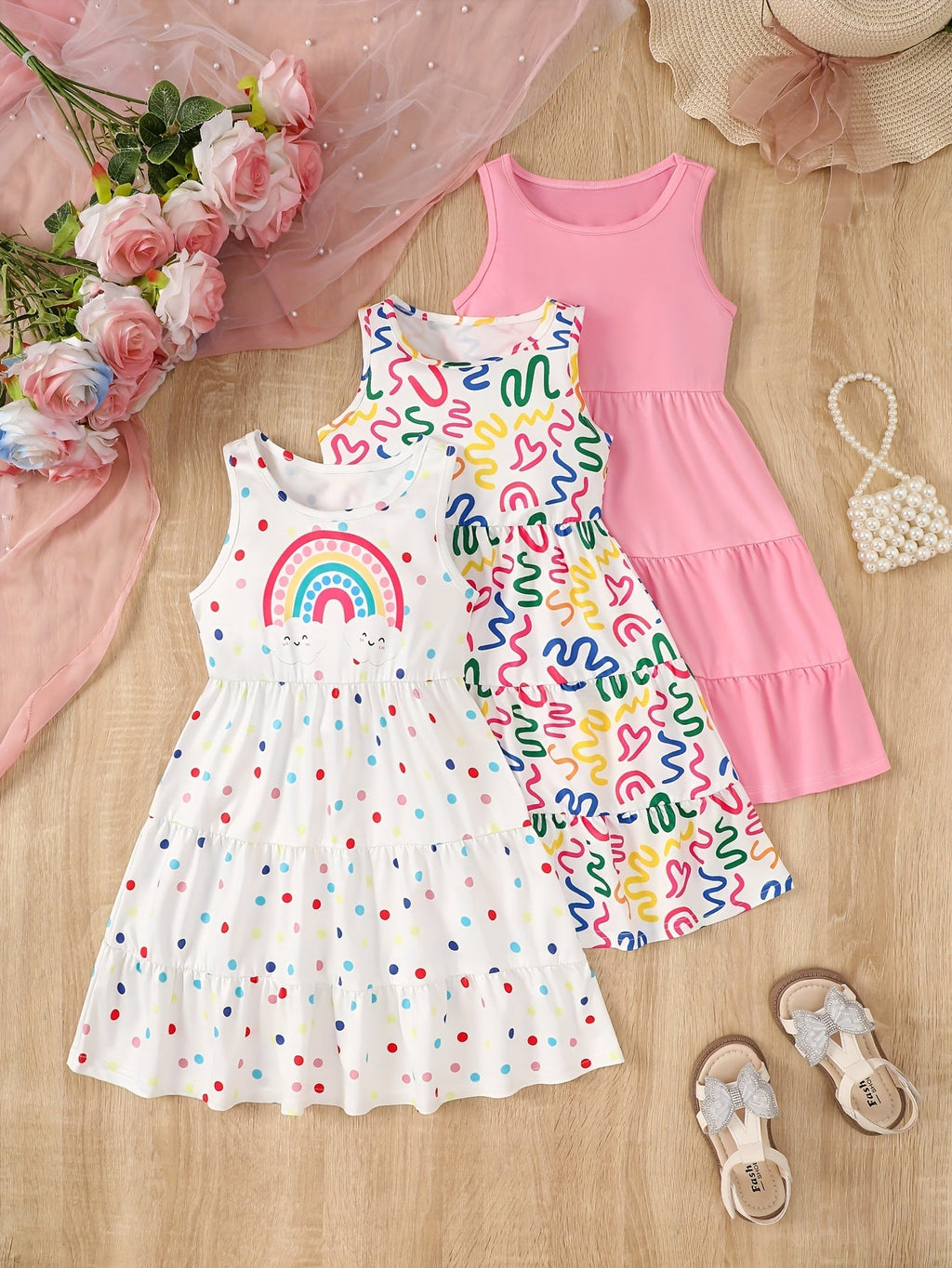 Girls' Sleeveless Dresses Three-Pack with Rainbow Prints and Tiered Skirts for Summer Casual Outfits