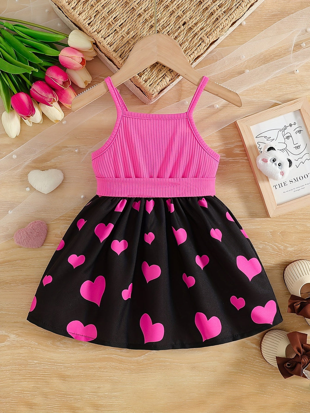 Girls' Sleeveless Bow Dress with Heart Print Skirt and Cartoon Character Design for Summer Outfits