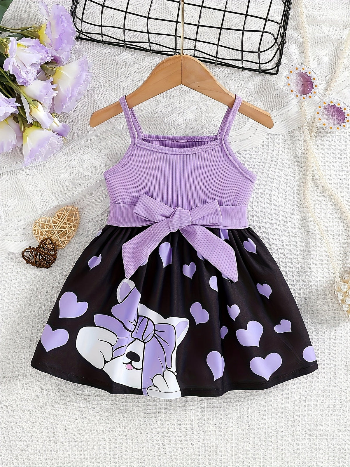 Girls' Sleeveless Bow Dress with Heart Print Skirt and Cartoon Character Design for Summer Outfits