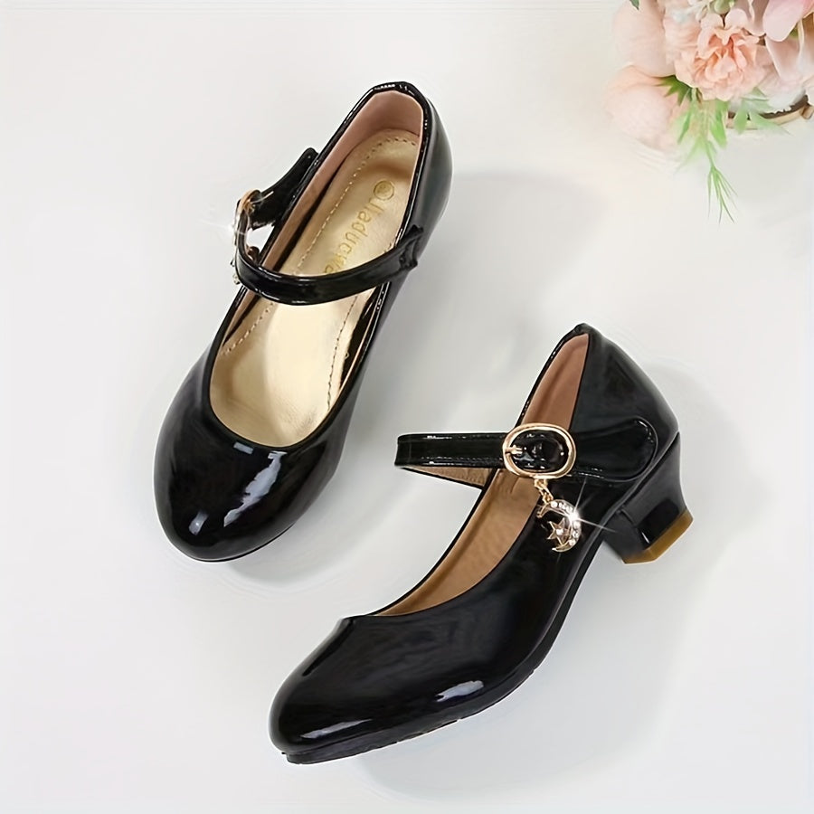 Girls' Black Mary Jane Shoes with Glossy Uppers and Low Heels for Parties and Special Occasion Outfits